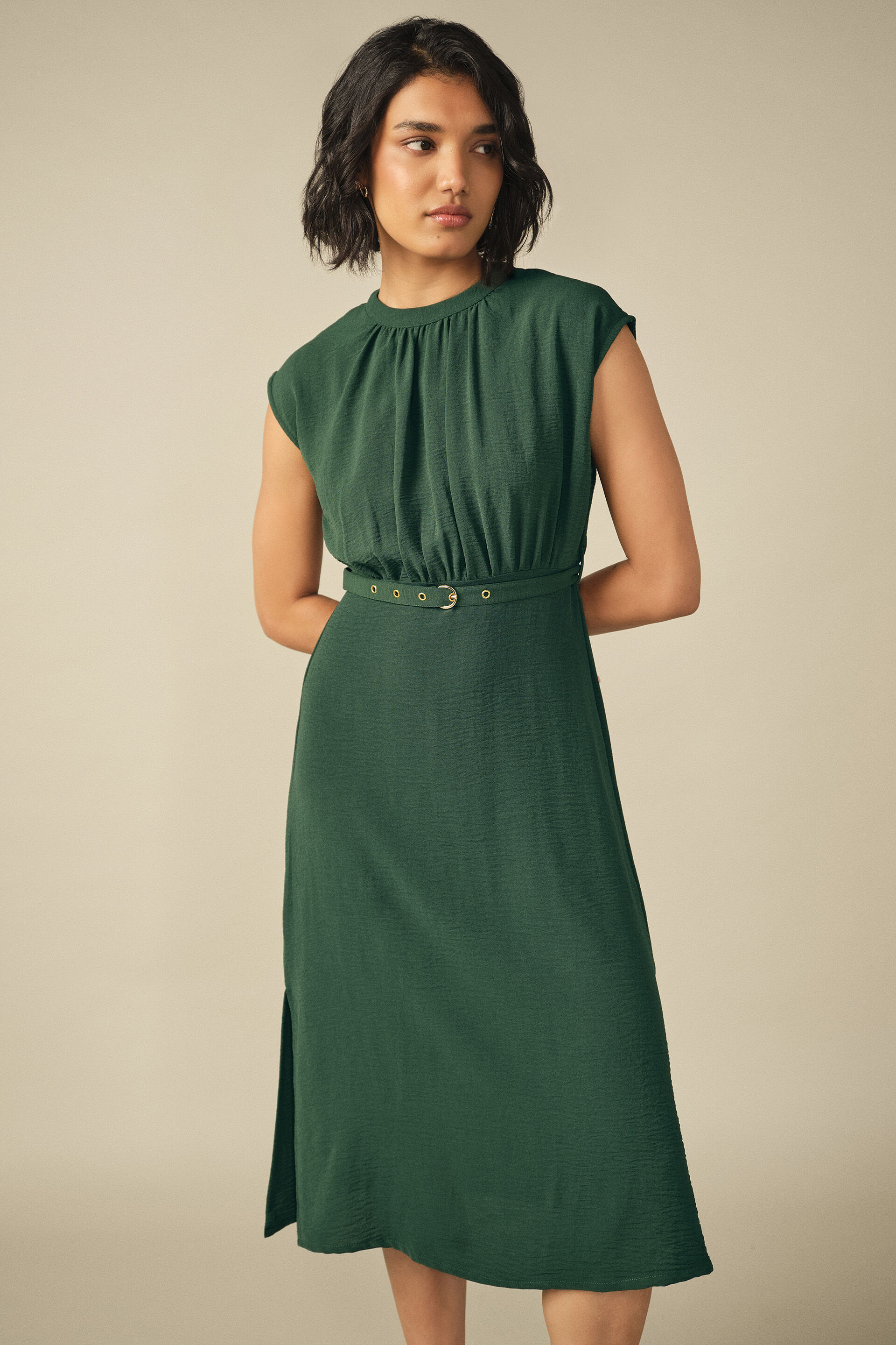 Gathered Tie-up Midi Dress in Green
